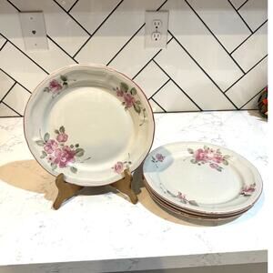 vintage Gibson Roseland stoneware dinner plates scalloped edge pink flowers x4